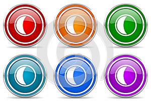 Moon silver metallic glossy icons, set of modern design buttons for web, internet and mobile applications in 6 colors options