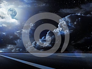 Moon sky clouds road