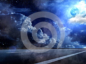 Moon sky clouds road fog