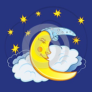 Moon sleeping on a cloud with stars in the night sky. Cute cartoon moon. photo