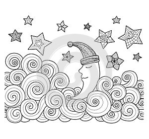 Moon sleeping among stars zentangle design for coloring book for adult