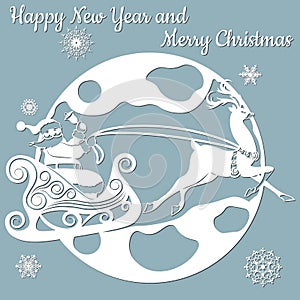 Moon, spruce, wood, sleigh, reindeer. Vector. Plotter cutting. Cliche. The image with the inscription - merry Christmas