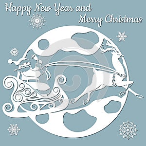 Moon, spruce, wood, sleigh, reindeer. Vector. Plotter cutting. Cliche. The image with the inscription - merry Christmas photo