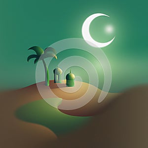 Moon and star shine over a tiny oasis in the desert at night Abstract muslim digital art with copy space generative ai