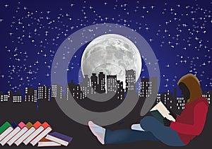 A moon in a starry sky girl reads-