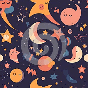 Moon and stars children's wallpaper, peachy dark blue color