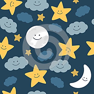 Moon, stars and clouds on the night sky. Nursery seamless pattern.