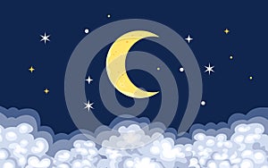 Moon, stars and clouds in the night sky. Vector illustration of midnight