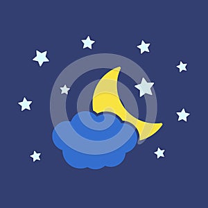 Moon, stars and clouds vector icon on background. Night sky icon.