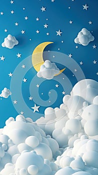 Moon, stars and clouds on vertical blue background. Sweet dreams wishes