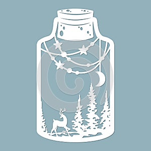 The moon, the stars and the deer in the trees in a glass jar. Laser cut. Vector illustration. Pattern for the laser cut,