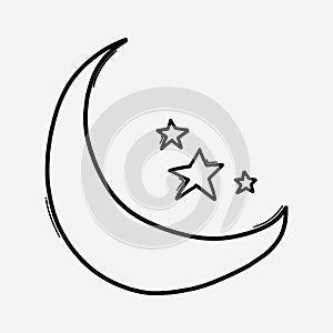 Moon and stars doodle vector icon. Drawing sketch illustration hand drawn line eps10