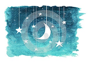 The moon and stars hanging from strings painted in watercolor.