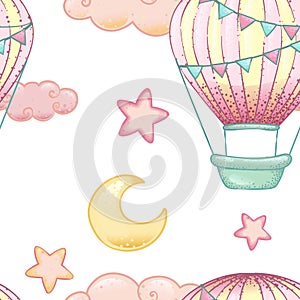 Moon, stars and hot air balloon, pattern in boho cartoon style, seamless pattern