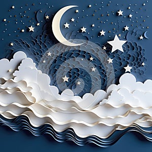 Moon and Stars at midnight. Modern origami paper art style. illustration, dark night sky