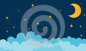 Moon and stars in midnight .paper art style - Vector