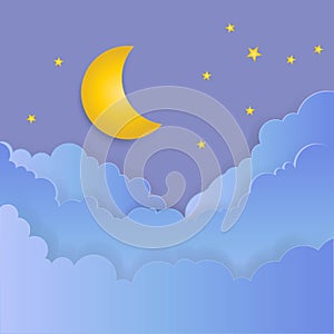 Moon and stars in midnight .paper art style - Vector