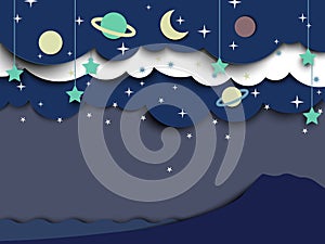 Moon and stars in night sky landscape, paper art/paper cutting