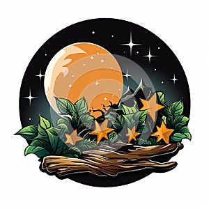 the moon and stars in the night sky with trees and plants