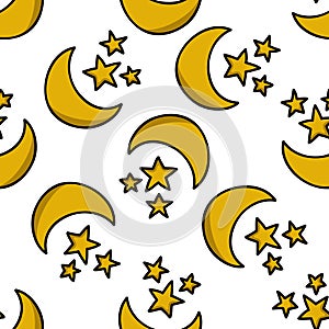Moon and stars seamless doodle pattern, vector illustration