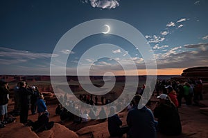 the moon and stars shining during the total eclipse, while people gather to witness the event