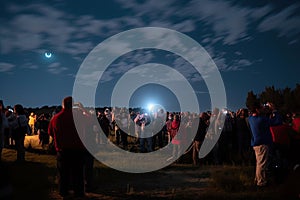 the moon and stars shining during the total eclipse, while people gather to witness the event