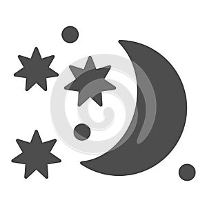 Moon and stars solid icon. Night sky vector illustration isolated on white. Celestial glyph style design, designed for