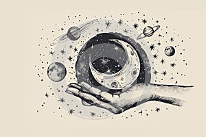 Moon and stars in woman hand. rustic inks drawing