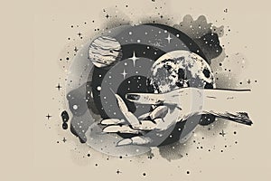 Moon and stars in woman hand. rustic inks drawing