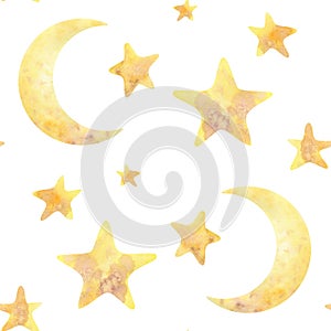 The moon and stars are yellow on a white background. Watercolor illustration. Seamless pattern from the BAMBOO