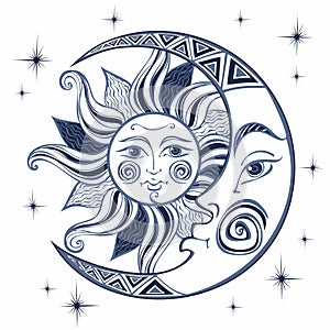 The moon and the sun. Ancient astrological symbol. Engraving. Boho Style. Ethnic. The symbol of the zodiac. Mystical. Vector