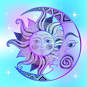 The moon and the sun. Ancient astrological symbol. Engraving. Boho Style. Ethnic. The symbol of the zodiac. Mystical. Vector