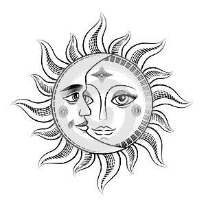 Moon and sun astrology symbol. Face of the sun with opened eyes engraving retro, tatoo vector