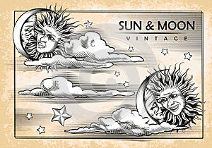 The moon, sun, clouds. Set of vintage elements