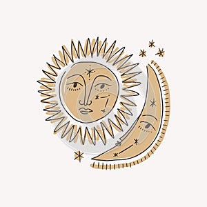 Moon and sun faces, set of beautiful mystical cartoon doodle elements in whimsical boho style, sunshine and crescent