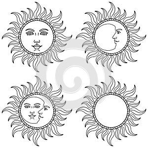 Moon and Sun with human faces. Vector illustration.