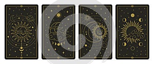 Moon and sun tarot cards. Mystical hand drawn celestial bodies cards, magic tarot card vector illustration set. Magical
