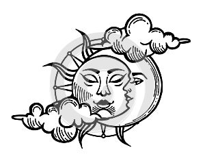 Moon and sun tattoo. Moon with face stylized as engraving.