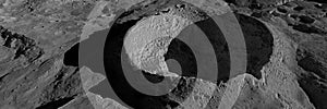 Moon surface, crater in lunar landscape, background banner format