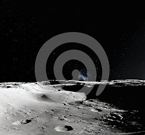 Moon surface. Realistic 3d render of moon and space. Space and planet. Satellite. Nebula. Stars. Elements of this image