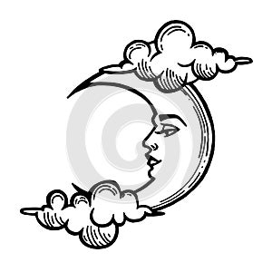 Moon tattoo. Moon with face stylized as engraving.