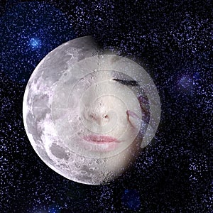 The moon turns into a face of woman in night sky.