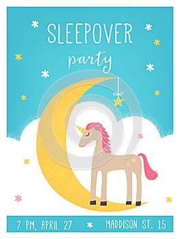 Moon and Unicorn Sleepover Kids Party Card