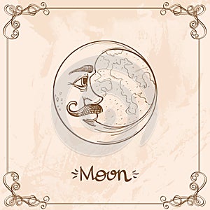 Moon. Vintage stylized outline drawing of the Moon. The symbols of astrology and astronomy