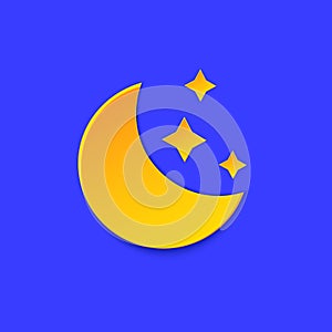 Moon Weather forecast info icon. Yellow Night symbol, stars paper cut style on blue. Climate weather element. Trendy