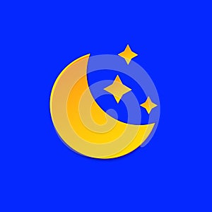 Moon Weather forecast info icon. Yellow Night symbol, stars paper cut style on blue. Climate weather element. Trendy