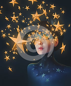 Moon woman holding stars in her hands