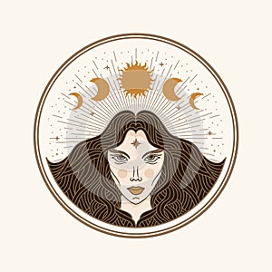 Moon woman, illustration with esoteric, boho, spiritual, geometric, astrology, magic themes