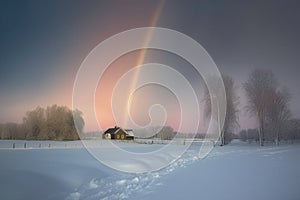 moonbow adorning a night scene of a snow-covered landscape