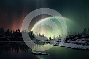 moonbow against a backdrop of northern lights